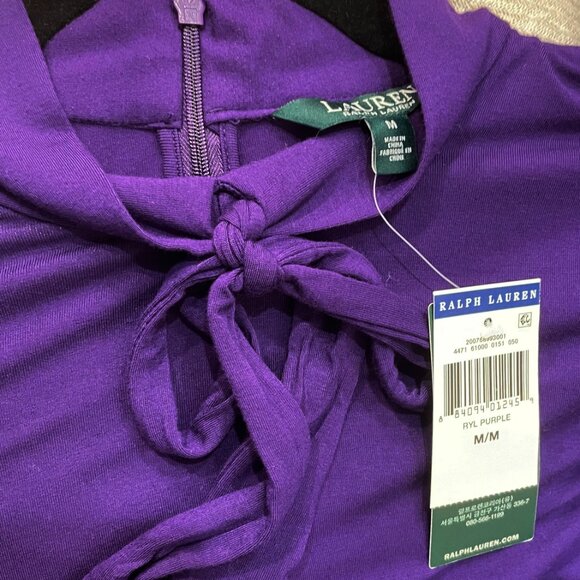 New LRL Tie Neck Jersey Knit Top Royal Purple Medium - Picture 4 of 6